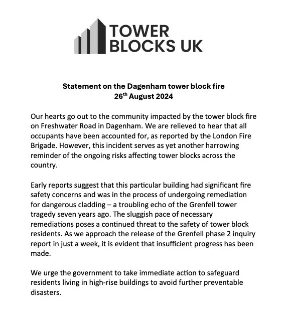 Our statement on the tower block fire in Dagenham.