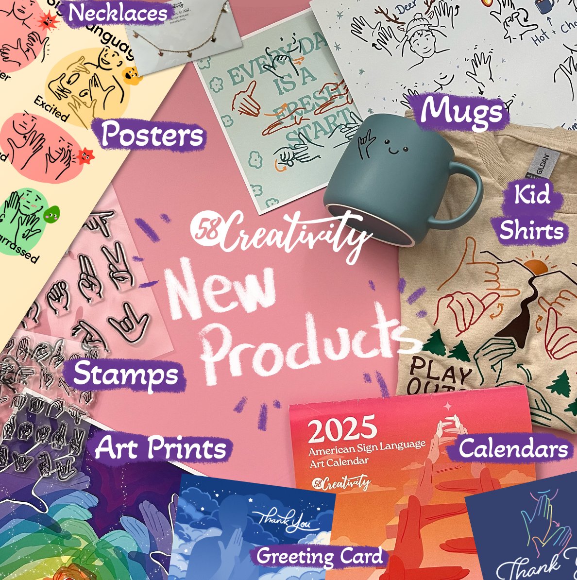 🚀✨Exciting news! Our new products are here today!  Dive into our Calendar, “Full of Love” Mugs, art prints, stamps, kids’ shirts, emotions posters, winter posters, necklaces, earrings, and thank you cards. Shop now and bring a touch of joy to your day!  58Creativity.com