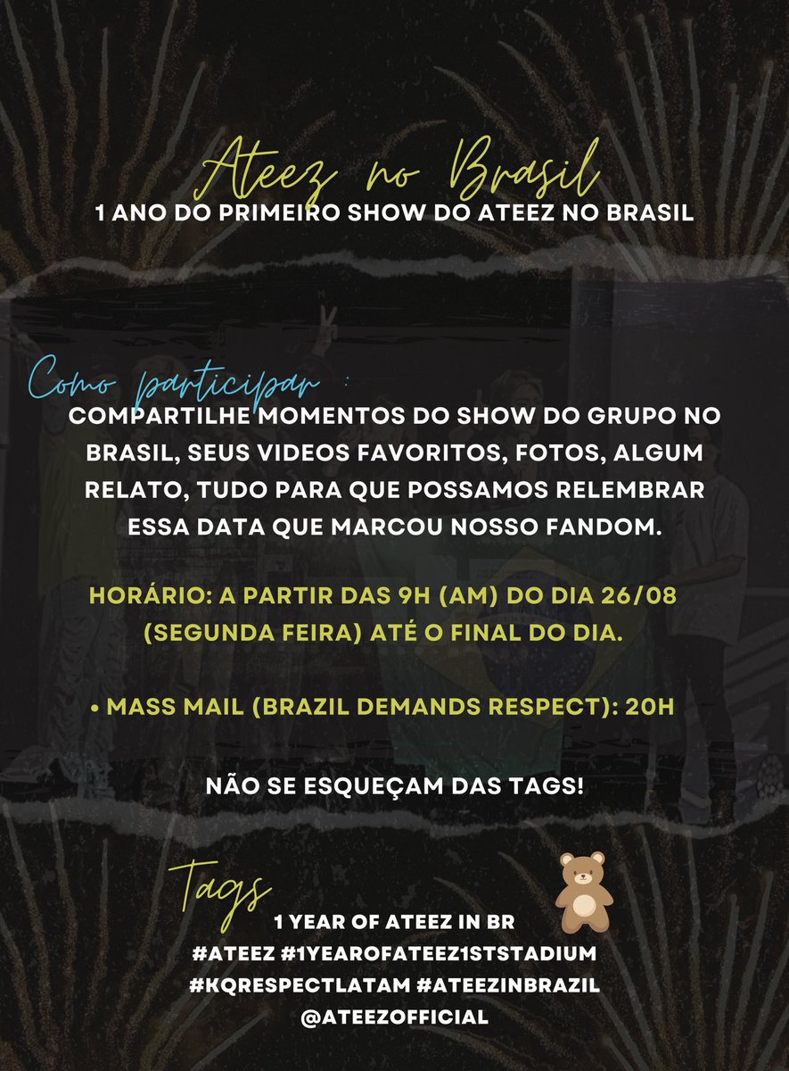 SMingiUpdates's tweet photo. 📢 | Vamos relembrar o primeiro show do ATEEZ aqui!

Compartilhe conosco os melhores momentos do show usando as tags a baixo!

🚨 O Mass e-mail para a KQ irá ocorrer após ás 20h

1 YEAR OF ATEEZ IN BR
#1YearOfATEEZ1stStadium
#KQRespectLatam #ATEEZinBrazil #ATEEZ @ATEEZofficial https://t.co/mz5EHDYuzy