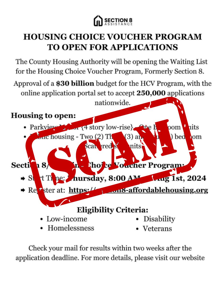 A flyer is being circulated through social media that FALSELY claims HCV applications are going to open. This is NOT TRUE! Please DO NOT register any personal information at the link provided.