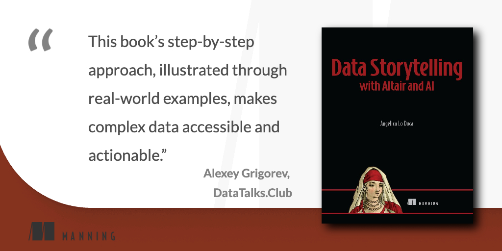 📣 Now available in print! 📣

Data Storytelling with Altair and AI, by <a href="/alod83/">Angelica Lo Duca</a>
mng.bz/vJpm

📚 Learn how to organize, visualize, and present data using #Python, #genAI, and the #Altair data visualization toolkit. 📚

#DataViz #ManningBooks #LearnwithManning