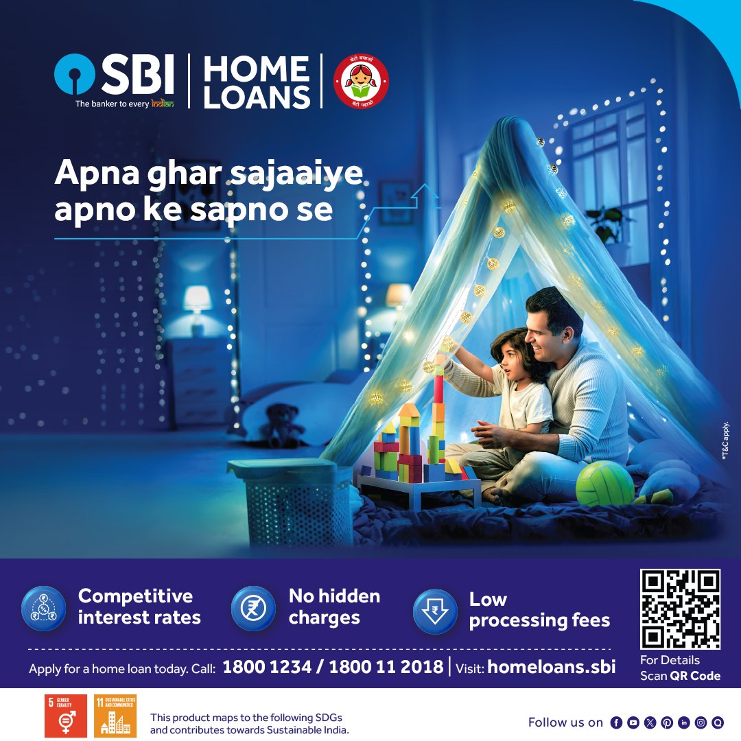 Naya ghar, nayi khushi, SBI Home Loan se ab kuch bhi mushkil nahi!
Apply today at Competitive interest rates and fulfil your dream.

T&amp;C apply
For more information, visit: homeloans.sbi.

#SBI #TheBankerToEveryIndian #SBIHomeLoans