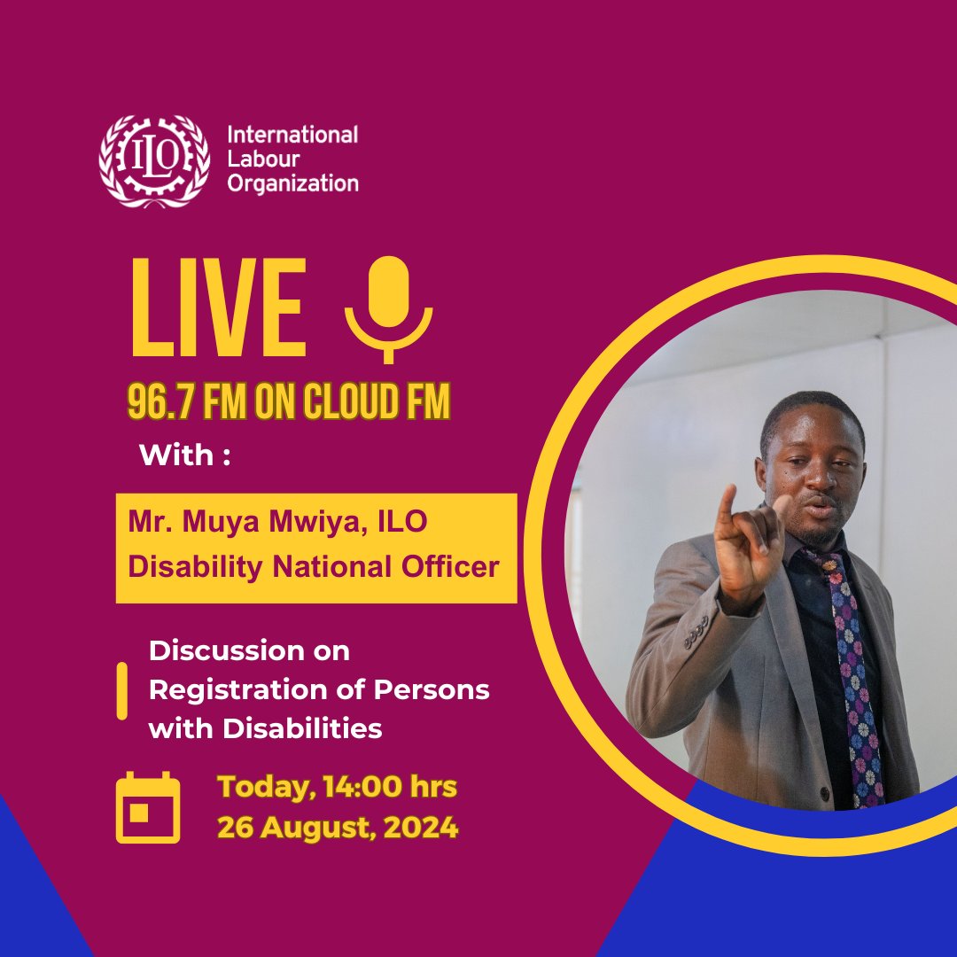 ilolusaka's tweet photo. 📻#HappeningNow, click https://t.co/8xuY2FFYWF to listen into a Live Radio discussion on the Registration of #PersonswithDisablities on #CloudFM in Kabwe
🗣️The discussion features #ILO Disability National Officer Mr Mwiya & #ZambiaPersonswithDisbailities Provincial Coordinator https://t.co/kYKxEZd6tf