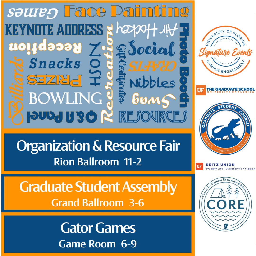 🎓🐊 Calling all Grad Gators! 🐊🎓

Join us at the Grad Gator Greeting for a fun and welcoming event to kick off your UF journey! Meet fellow grad students, connect with awesome organizations, and discover the resources that will help you succeed at UF! 

#GradGatorGreeting