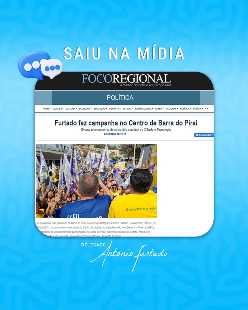 DelegadoFurtado's tweet photo. #SAIUNAMÍDIA 
#DelegadoAntonioFurtado #BarradoPirai #OFuturoéLogoaAli #CandidatoaPrefeito #ChamaoDelegado #Vote44 #TeamFurtadoCezinha #É44Neles https://t.co/rGa2NFwfka