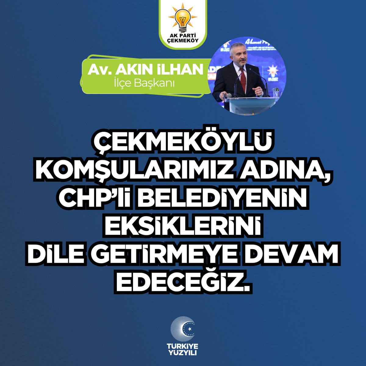 Değerli Çekmeköylüler,
Yerel seçimlerde Halkımız Çekmeköy’de CHP’ye hizmet etme, bize de denetleme görevi vermiştir. Bu bağlamda Çekmeköy ve Çekmeköy halkı için, Çekmeköy Belediyesinin CHP'li idarecilerinin eksikliklerini ve hatalarını dile getirmeye devam ediyoruz.

CHP İlçe