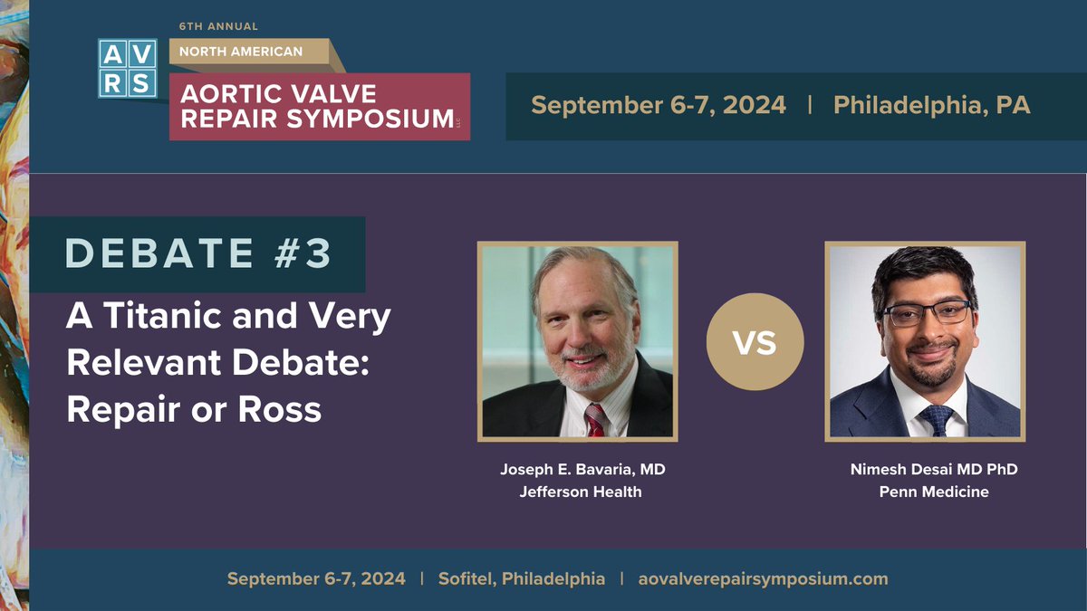 Aortic Valve Repair Symposium (@avrs2024) on Twitter photo Attending #AVRS2024 next week? Don't miss this! A Titanic & Relevant Debate: Very Asymmetric BAV (<140) with Severe AV Insufficiency in a 25 y/o pt: Repair or Ross with <a href="/BavariaMd/">Joe Bavaria, MD</a> pro Repair; <a href="/NimeshDesaiMD/">Nimesh Desai MD PhD</a> pro Ross. aovalverepairsymposium.com
<a href="/OuzounianMD/">Maral Ouzounian</a> <a href="/TSRA_official/">TSRA</a> Attending #AVRS2024 next week? Don't miss this! A Titanic & Relevant Debate: Very Asymmetric BAV (<140) with Severe AV Insufficiency in a 25 y/o pt: Repair or Ross with <a href="/BavariaMd/">Joe Bavaria, MD</a> pro Repair; <a href="/NimeshDesaiMD/">Nimesh Desai MD PhD</a> pro Ross. aovalverepairsymposium.com
<a href="/OuzounianMD/">Maral Ouzounian</a> <a href="/TSRA_official/">TSRA</a>