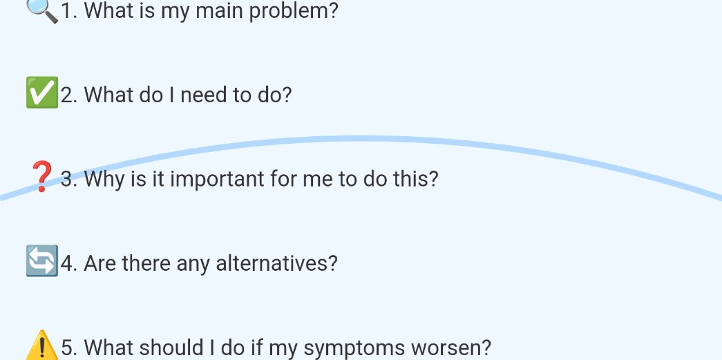 🩺 5 Essential Qs for Your Doc 🗨️

Before leaving, always ask:
1️⃣ What's my main problem? 🔍
2️⃣ What should I do? ✅
3️⃣ Why is it important? ❓
4️⃣ Any alternatives? 🔄
5️⃣ What if symptoms worsen? ⚠️

#AskYourDoctor #PatientEmpowerment

What's your go-to question? Reply below! 👇