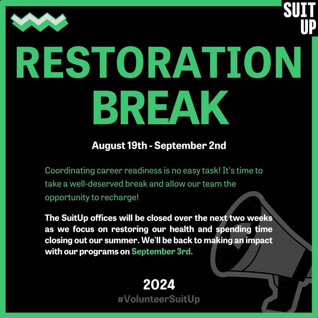 We're taking some time to recharge! Our offices will be closed from August 19th to September 2nd for a well-deserved restoration break. We'll be back and ready to make an impact on September 3rd. Thank you for your understanding and support! See you this Fall!

#RestorationBreak