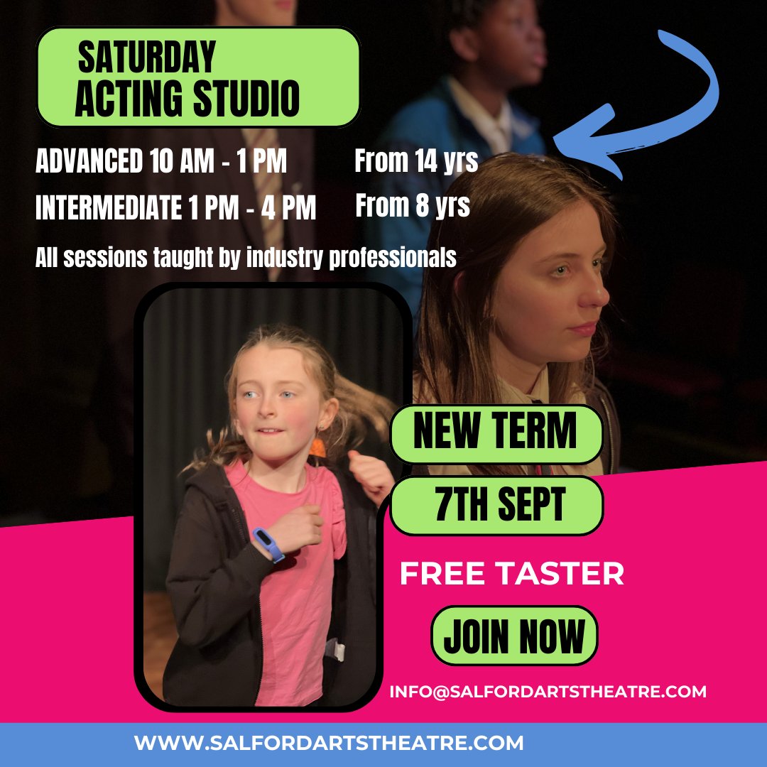 New Term Sat 7th Sept
Are you looking for acting classes for your child?
Stage, TV &amp; Film and Radio FREE TASTER
Do you have a budding actor sign them up to our award winning young actors company 

email info@salfordartstheatre.com

#youngactors
#acting
#sparkyourinmagination