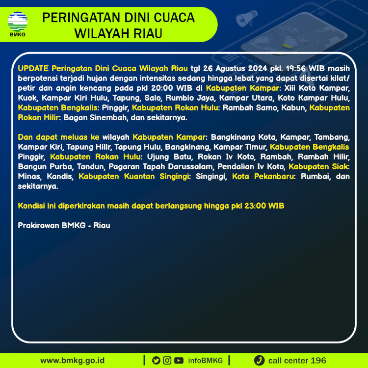 infoBMKG's tweet photo. Update Peringatan Dini Cuaca Wilayah - Riau Tgl. 26 Agustus 2024 pkl. 20:00 WIB
Prakirawan - BMKG - Riau 
https://t.co/oRoSHAbtlW https://t.co/Cf7kVam6SV