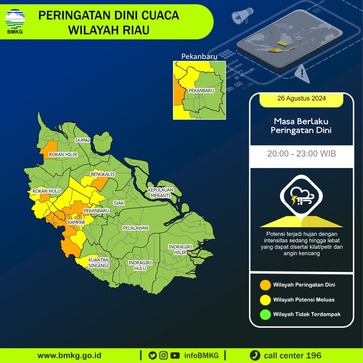 infoBMKG's tweet photo. Update Peringatan Dini Cuaca Wilayah - Riau Tgl. 26 Agustus 2024 pkl. 20:00 WIB
Prakirawan - BMKG - Riau 
https://t.co/oRoSHAbtlW https://t.co/Cf7kVam6SV