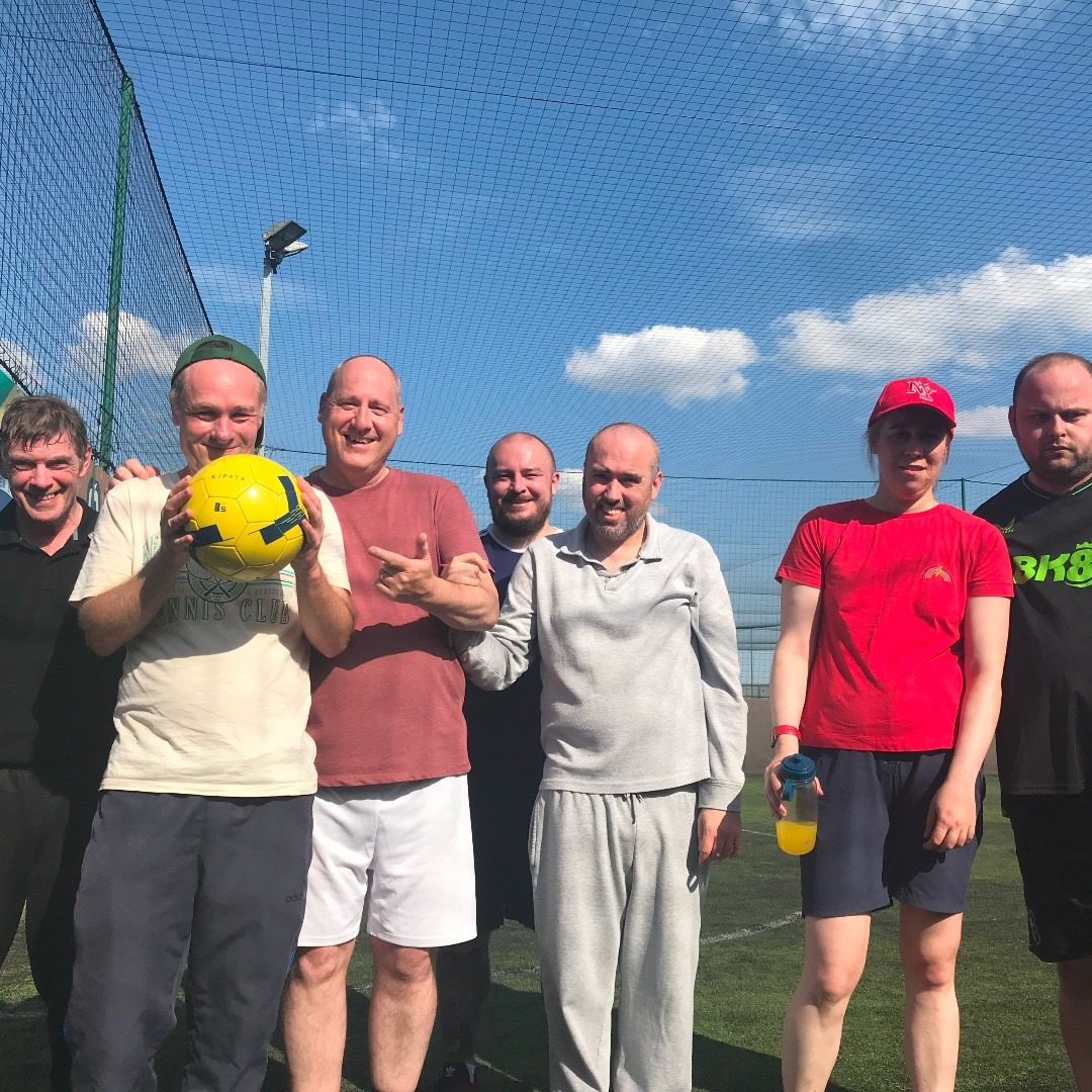 LisieuxTrust's tweet image. No football this week because of the Bank Holiday, but here's the gang - Left to Right - Steven, David, Support Worker Rob, Support Worker Gio, Glendon, Irina and Conor, the other week after a very hot game!  #FootballFriends #BankHolidayVibes #SupportWorkerLife #SquadGoals