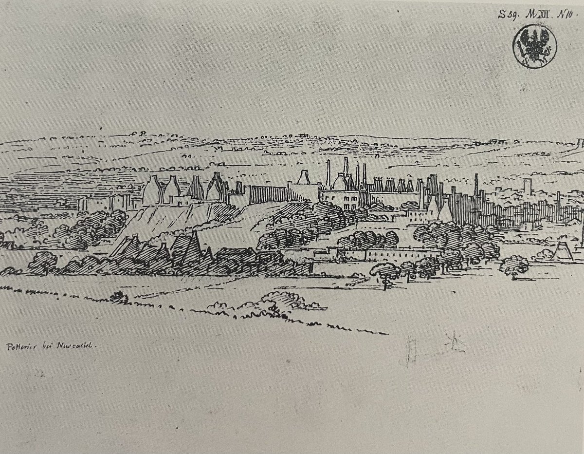 Returning to Schinkel’s journals I find he visited the Potteries in June 1826, including Wedgwood at Etruria, he described the ‘wonderfully Egyptian-oriental forms… from a church quite high up on a hillside we had a magnificent view of all the Potteries: I drew a part of it.’
