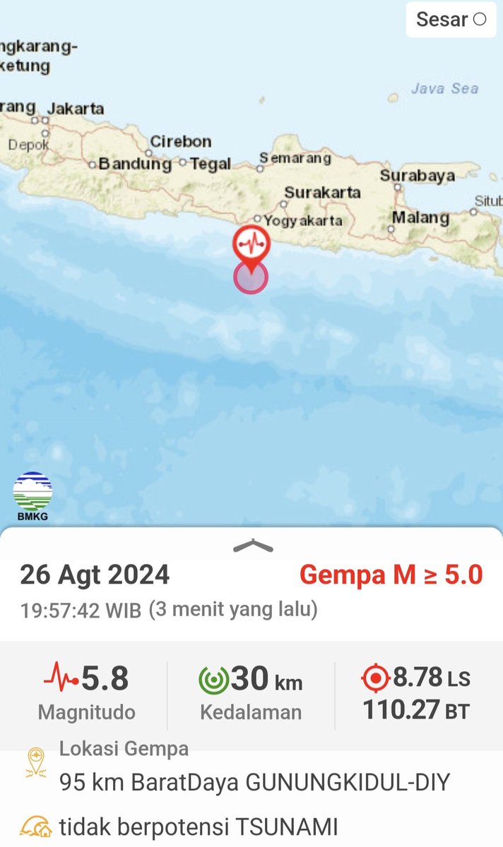Info Gempa Mag:5.8, 26-Agu-24 19:57:42 WIB, Lok:8.78 LS, 110.27 BT (95 km BaratDaya GUNUNGKIDUL-DIY), Kedlmn:30 Km ::BMKG inatews.bmkg.go.id