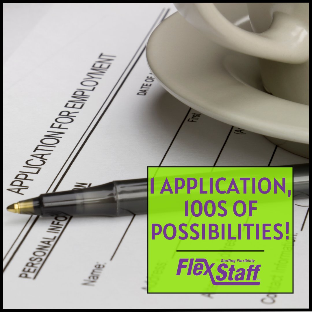 flexstaff's tweet image. One application can lead to hundreds of possibilities! Here at Flex Staff we have multiple opportunities that are waiting for candidates just like you. 🌟

Visit flexstaff.com to fill out your application today!

#oneapplication #possibilities #opportunities