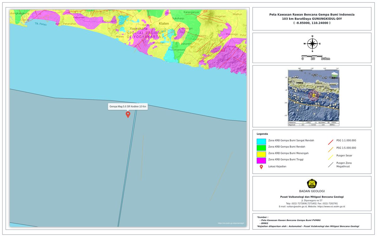 Terjadi #GempaBumi 5.6SR di 103 km BaratDaya GUNUNGKIDUL-DIY.kedlmn 10.0Km,Zona:Luar Zona Peta KRB Gempabumi

Cek Analisis Geologi Gempabumi Signifikan vsi.esdm.go.id
Dibuat Secara Otomatis oleh #PVMBG #BadanGeologi
Parameter gempa: BMKG