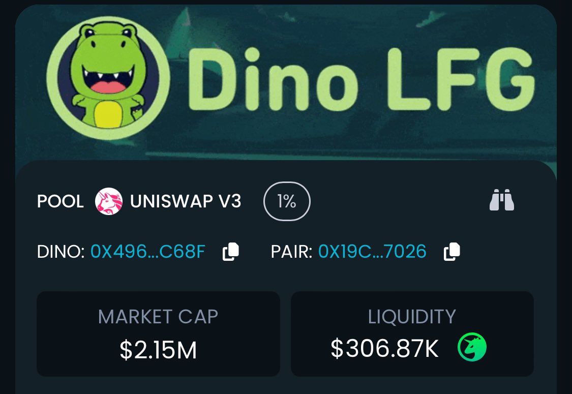 $DINO at $2M market cap, all time high $60M

0x49642110b712c1fd7261bc074105e9e44676c68f

Do we load up? 
Yes or No in comments 👇