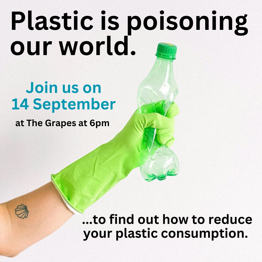 Plastic is poisoning our world and our bodies, but together we can reduce our plastic use! ♻️Discover tips and tricks for reducing your plastic consumption at our workshop on 14 Sept @thegrapesbath at 6pm. 👊Book here: shorturl.at/9RGUy