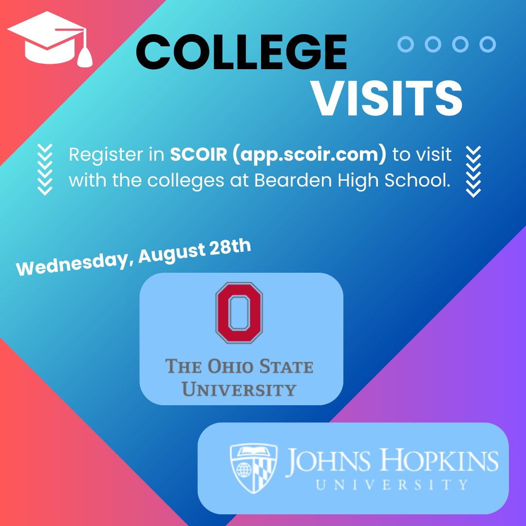 Want to participate in a college visit to BHS? Register in SCOIR. The Ohio State University will be at Bearden Wednesday, August 28! Register here: app.scoir.com