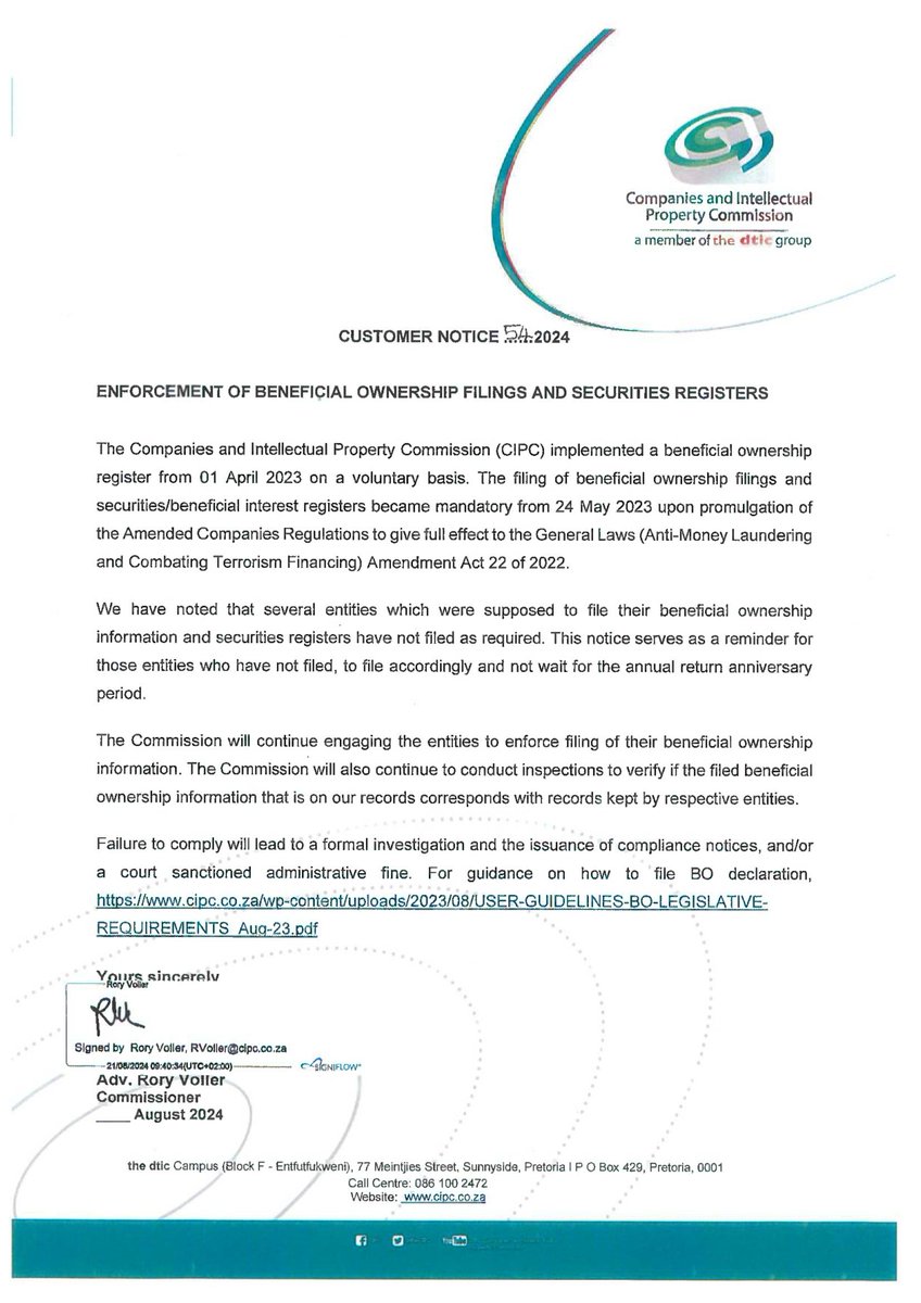 theCIPC's tweet photo. 🚨Reminder! The mandatory filing of beneficial ownership info &amp; securities registers has been in effect since 24 May 2023. Stay compliant and learn how to file here: User Guidelines
🔗 For more information, visit our website: https://t.co/PCaWk5XdgK
#CIPC #Yourbusinessourfocus https://t.co/5PEubWZjxb