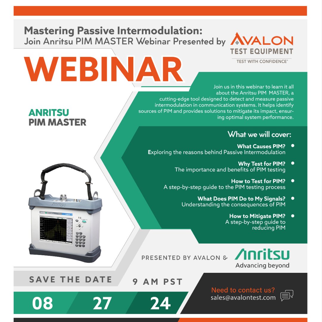 Anritsu's tweet photo. Tomorrow, #Anritsu's Justin Daviault will participate in @AvalonTestEquip's webinar, where he'll discuss the importance of minimizing PIM to improve network performance and reliability.
Register now: https://t.co/89u4er3wdn
#testandmeasurement #PIMMaster #RFtest https://t.co/mc6c07fF6x