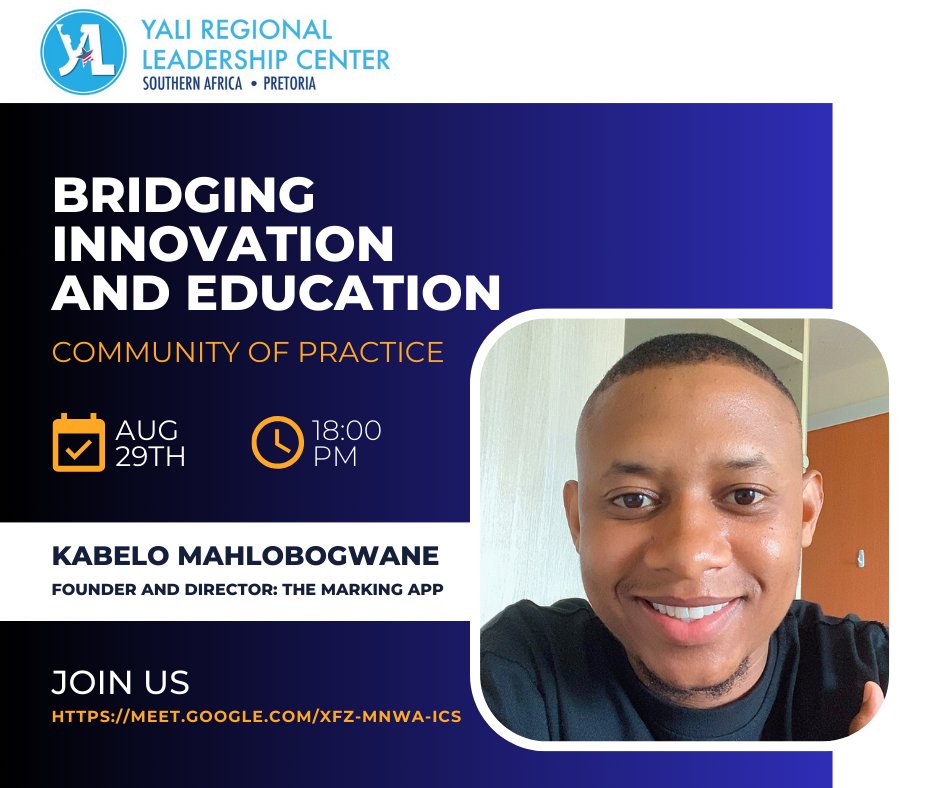Join us for a Community of Practice #COP

Topic: Bridging Innovation and Education
Speaker: Kabelo Mahlobogwane
Date: 29 August 2024
Time: 18:00 - 19:00
Meeting link: meet.google.com/xfz-mnwa-ics