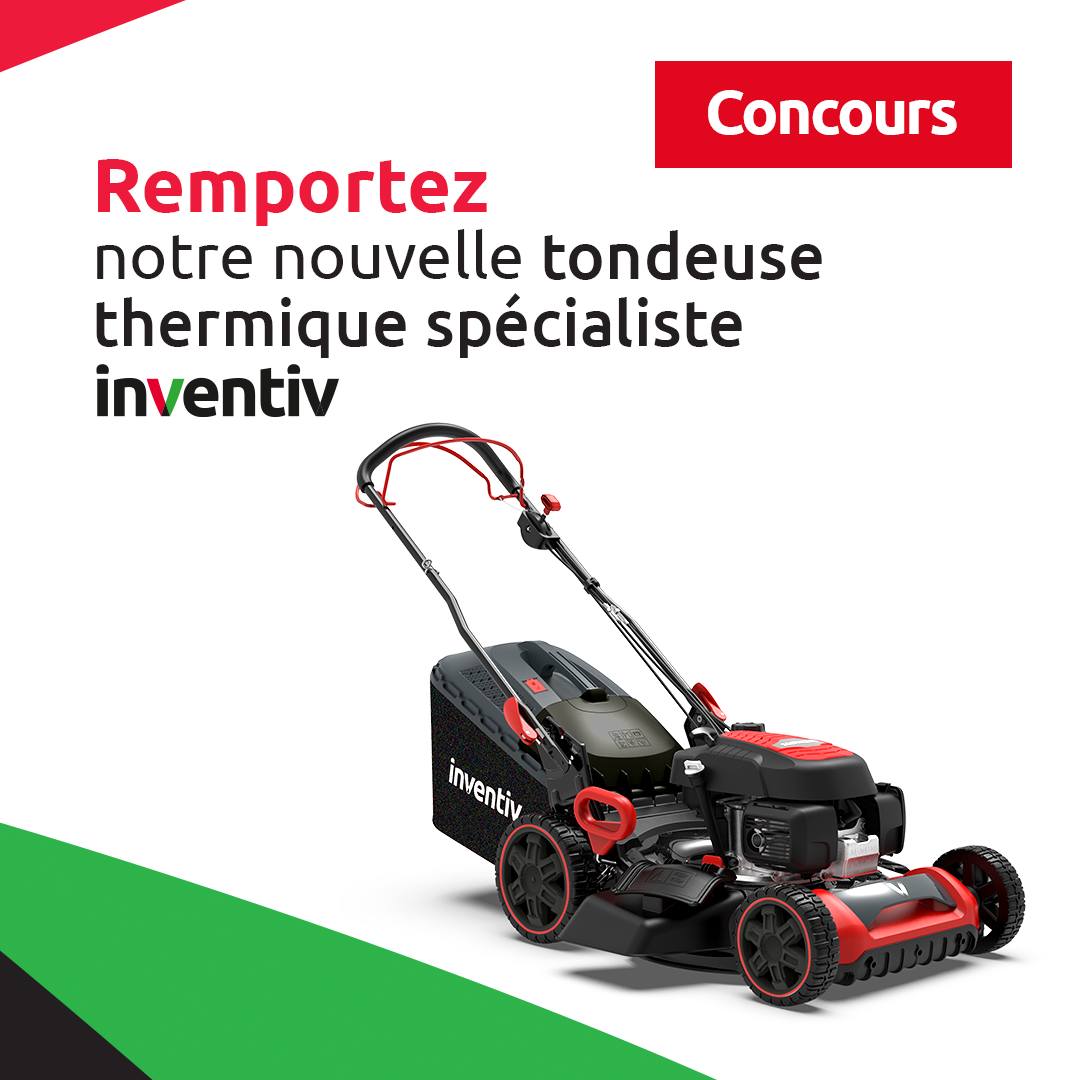 A l'occasion de la sortie de notre nouvelle gamme de tondeuse inventiv Spécialiste, jouez avec nous et tentez de la remporter* ! 
Avec cette tondeuse performante, ergonomique et dotée de multiples équipements, tondre devient un véritable plaisir !