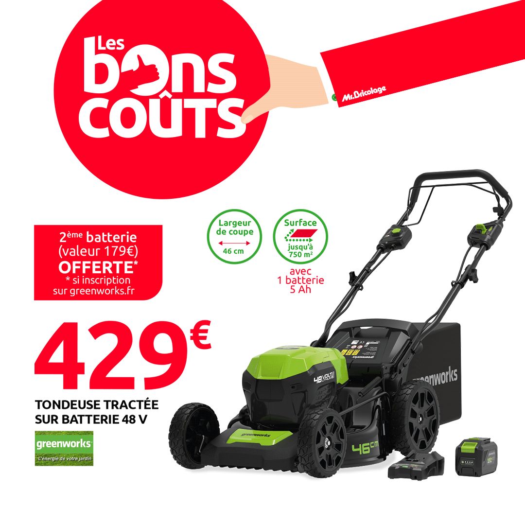 Tondeuse tractée GD48LM46SP 48V 46cm + batterie 5Ah - GREENWORKS