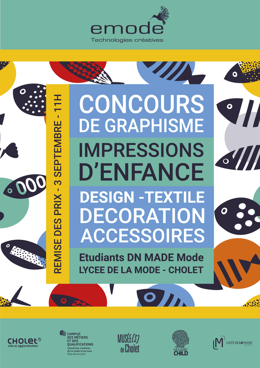 PlateformeeMode's tweet photo. La remise des prix du concours de graphisme "Impressions d'enfance" aura lieu le 3 septembre à 11h au Lycée de la Mode de Cholet, mettant en avant le talent des étudiants en DN MADE.
https://t.co/nNK0WCUYml https://t.co/KxeR7uTpiU