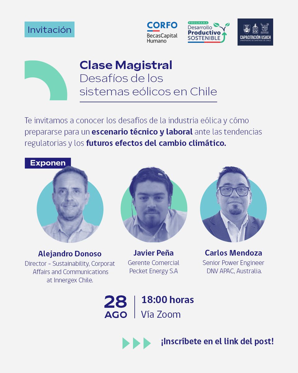 CodesserC's tweet image. #CodesserInforma
Este 28 de agosto, de 18 a 19 horas, los invitamos a la charla magistral del Programa de Formación para Instalación, Operación y Mantenimiento de Parques Eólicos de @Corfo  enfocada en los “Desafíos de los sistemas eólicos en Chile”.

forms.gle/AsbeBcXhmKmSx2…