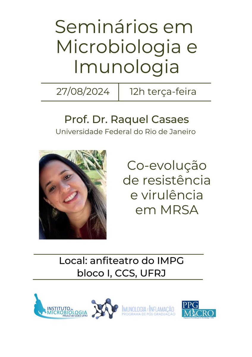 bibimpg_ufrj's tweet image. 🚨 HOJE, dia 27/08, ao 12h, a palestra &quot;Co-evolução de resistência e virulência em MRSA&quot; será ministrada pela Profa. Dra. Raquel Casaes (UFRJ).

#staphylococcus #staphylococcusaureus #virulence #antibióticos #antibiotic #bactéria #penicilina #meticilina #science #ccsufrj