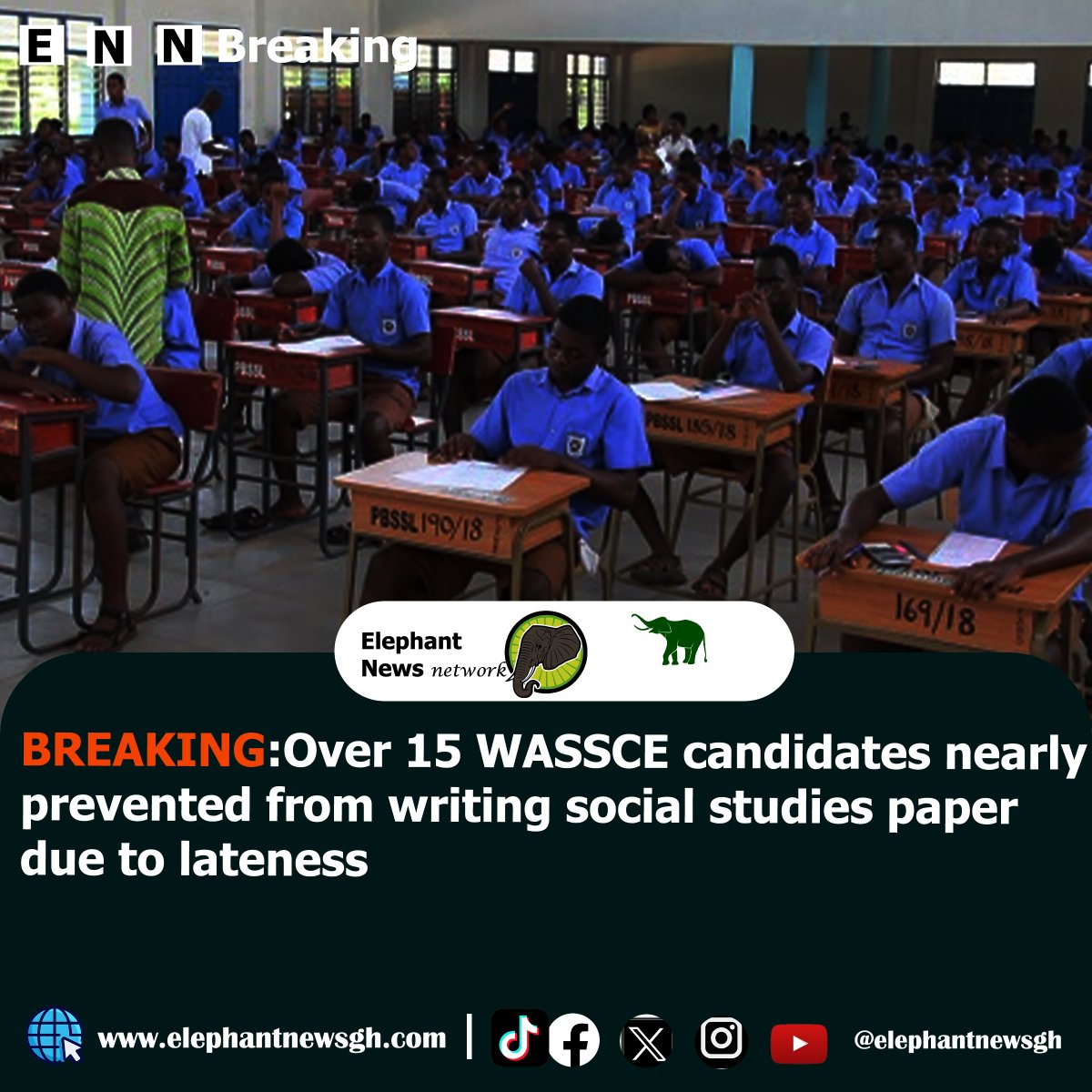 elephantnewsgh's tweet photo. Over 15 WASSCE candidates at Osu Presby SHS nearly missed their Social Studies paper due to lateness. Headmaster Vincent Esuah emphasizes strict adherence to exam rules. WAEC reiterates the importance of 30-minute pre-exam seating. #WASSCE2024 #GhanaEducation #ENN https://t.co/X56bL4bfXH