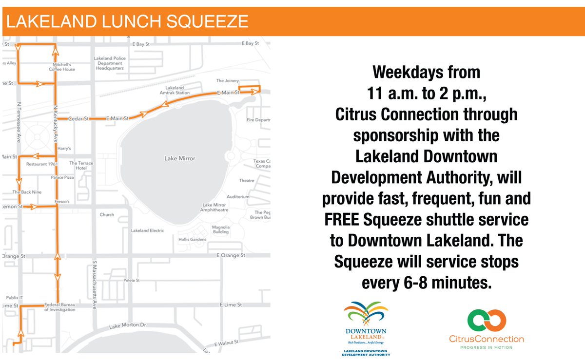 RideCitrus's tweet photo. A bigger Squeeze for Downtown Lakeland
The Downtown Lakeland Lunch Squeeze has expanded to include service to Café Zuppina, The Back Nine and Mojo Federal. The Lakeland Lunch Squeeze operates weekdays from 11 a.m. to 2 p.m. through a sponsorship with the LDDA. https://t.co/lw47QN29Vu