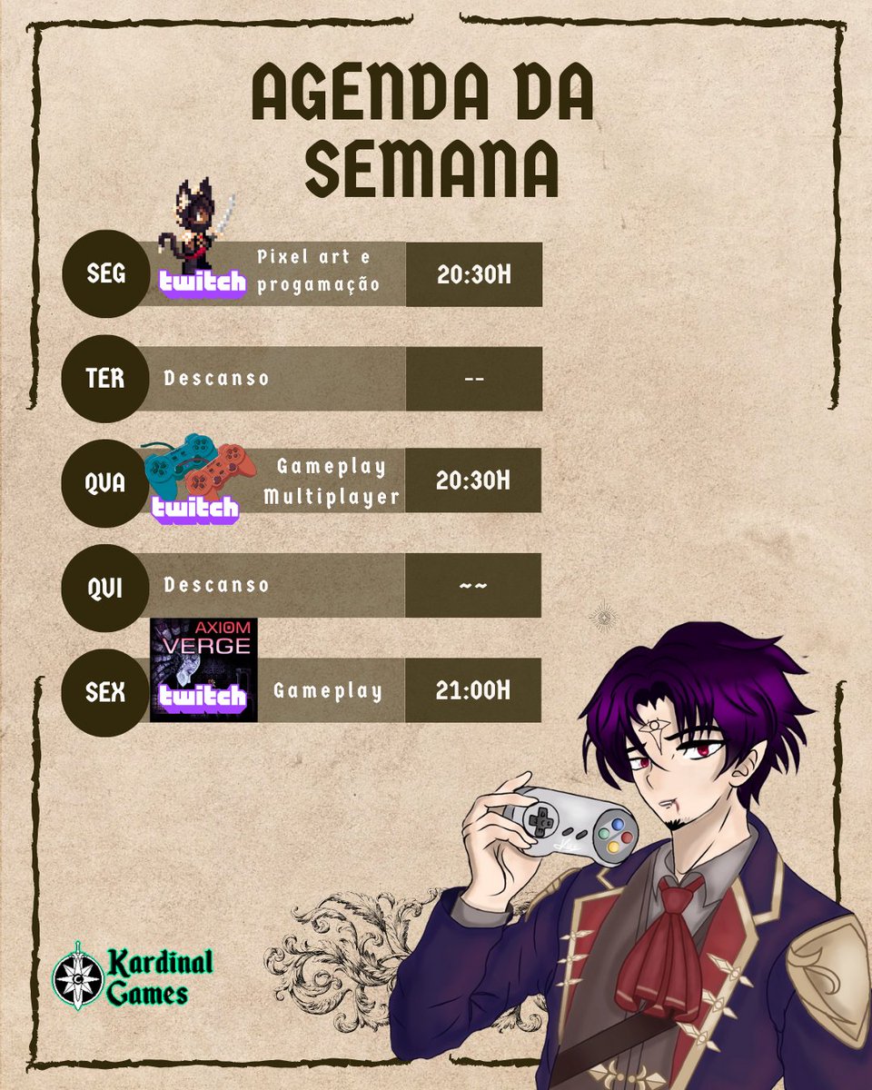 cardinal_games's tweet photo. Agenda da semana!

#gameplay #vtuber #pixelart #gamedev https://t.co/uzJ8LXpuOI