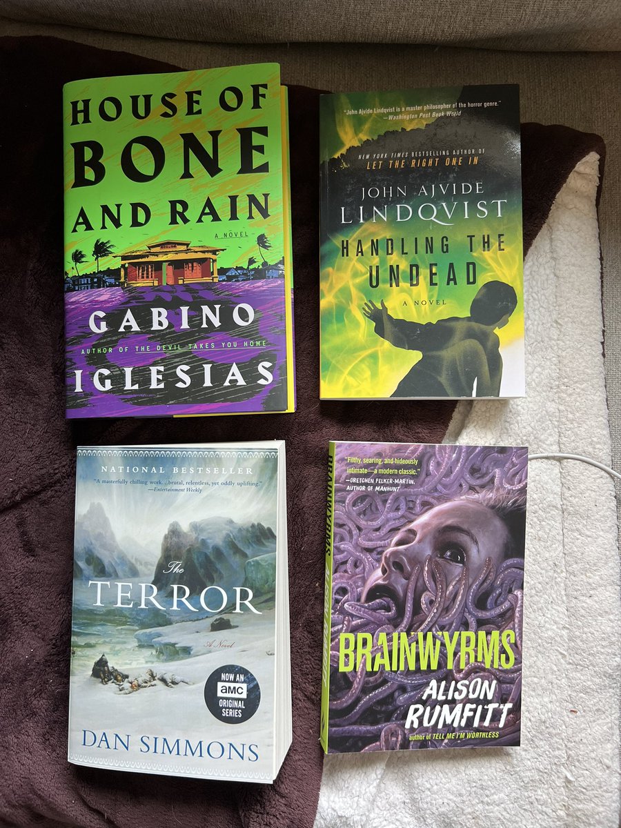 Birthday Book Haul! New <a href="/Gabino_Iglesias/">Gabino Iglesias</a> <a href="/hangsawoman/">Alison Rumfitt</a> Dan Simmons and John Lindqvist in the house! Idk Lindqvist and Simmons accounts on this hellsite so if anyone knows feel free to tag them.