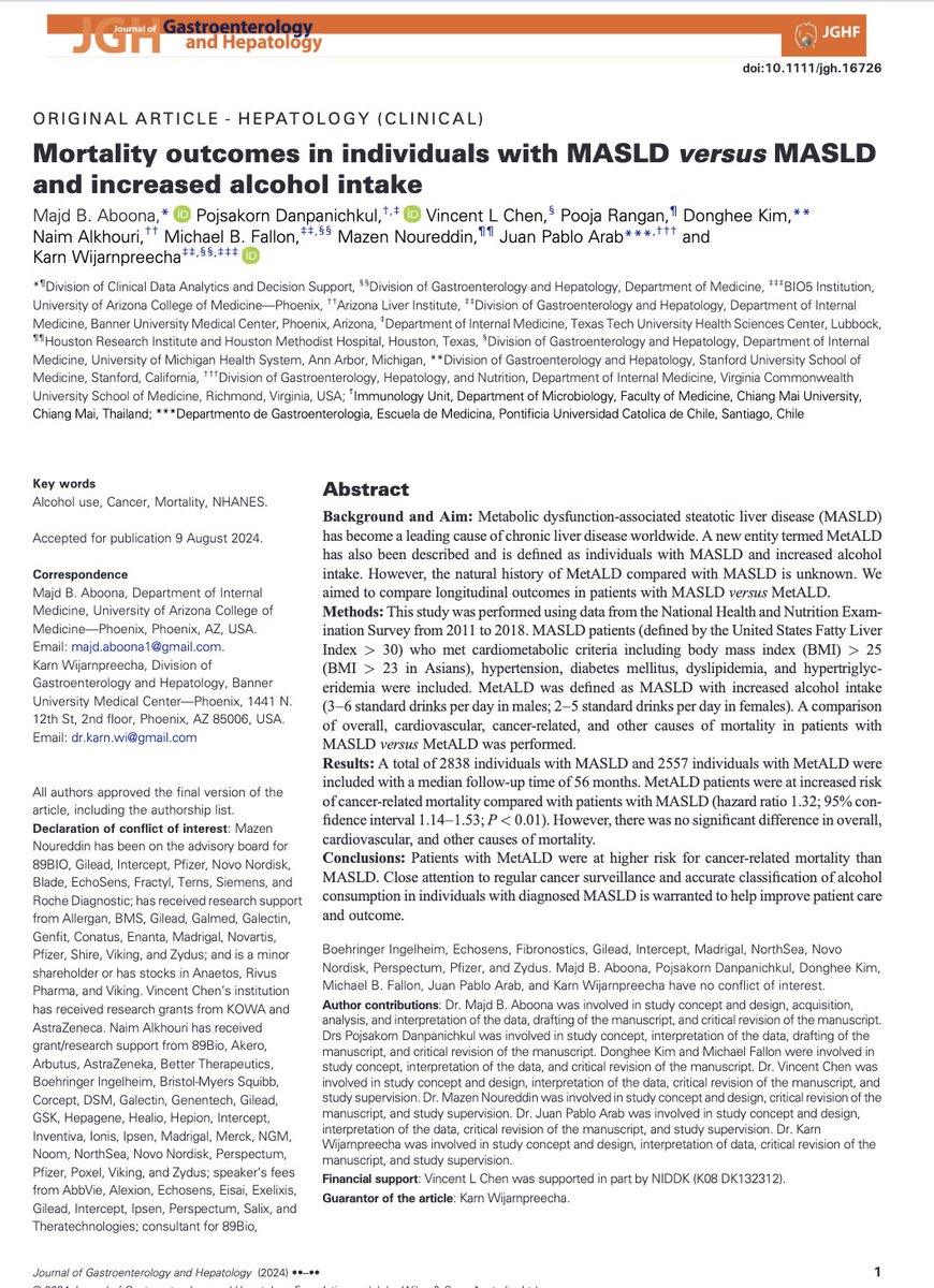 Ramon Bataller (@rabataller) on Twitter photo In people with metabolic syndrome, drinking moderate amounts of alcohol does not only favor advanced liver disease, but also increases CANCER-RELATED MORTALITY.
Close cancer surveillance is recommended in this population.
t.ly/O42u0 <a href="/juanpabloarab/">Juan Pablo (JP) Arab, MD </a> <a href="/NoureddinMD/">Mazen Noureddin, MD, MHSc</a> In people with metabolic syndrome, drinking moderate amounts of alcohol does not only favor advanced liver disease, but also increases CANCER-RELATED MORTALITY.
Close cancer surveillance is recommended in this population.
t.ly/O42u0 <a href="/juanpabloarab/">Juan Pablo (JP) Arab, MD </a> <a href="/NoureddinMD/">Mazen Noureddin, MD, MHSc</a>