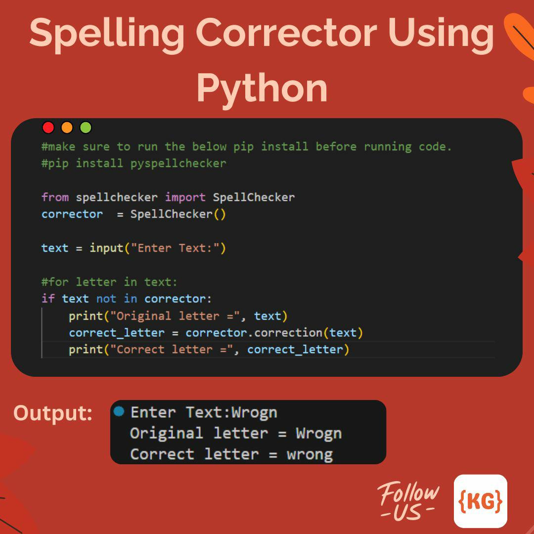 kodegurukul's tweet image. ⭕ Correct Spellings using Python👀👍
#pythonprogramming #python #pythoncodesnippets #python #spellcorrector
