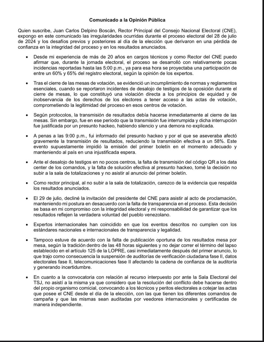 estendenciavzl's tweet photo. "Juan Carlos Delpino" es tendencia porque apareció luego de casi un mes con el siguiente comunicado: 

“Todo lo ocurrido antes, durante y después de la elección presidencial, señalan la gravedad de la falta de transparencia y veracidad de los resultados anunciados” https://t.co/VNmHXesQfv