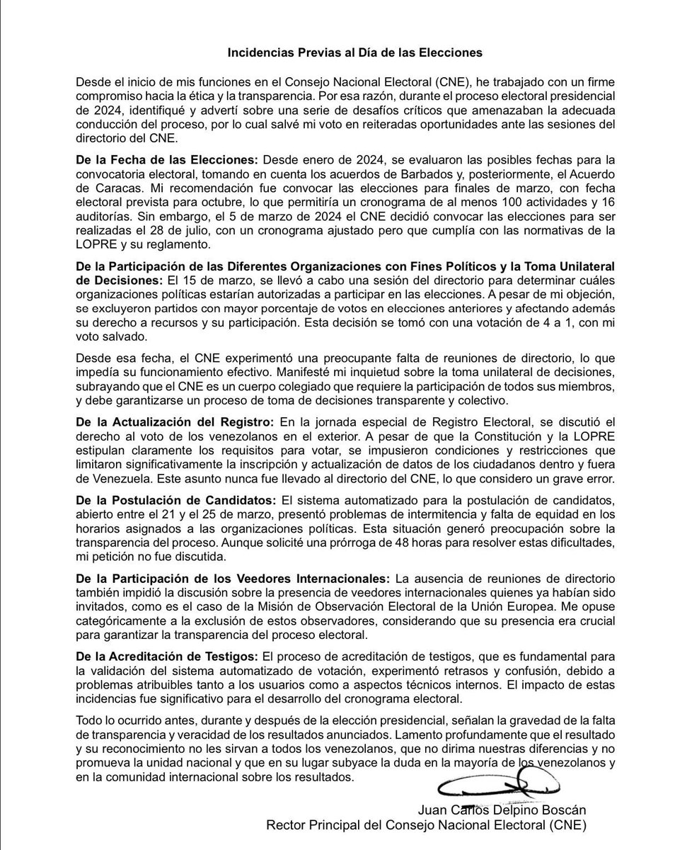 estendenciavzl's tweet photo. "Juan Carlos Delpino" es tendencia porque apareció luego de casi un mes con el siguiente comunicado: 

“Todo lo ocurrido antes, durante y después de la elección presidencial, señalan la gravedad de la falta de transparencia y veracidad de los resultados anunciados” https://t.co/VNmHXesQfv