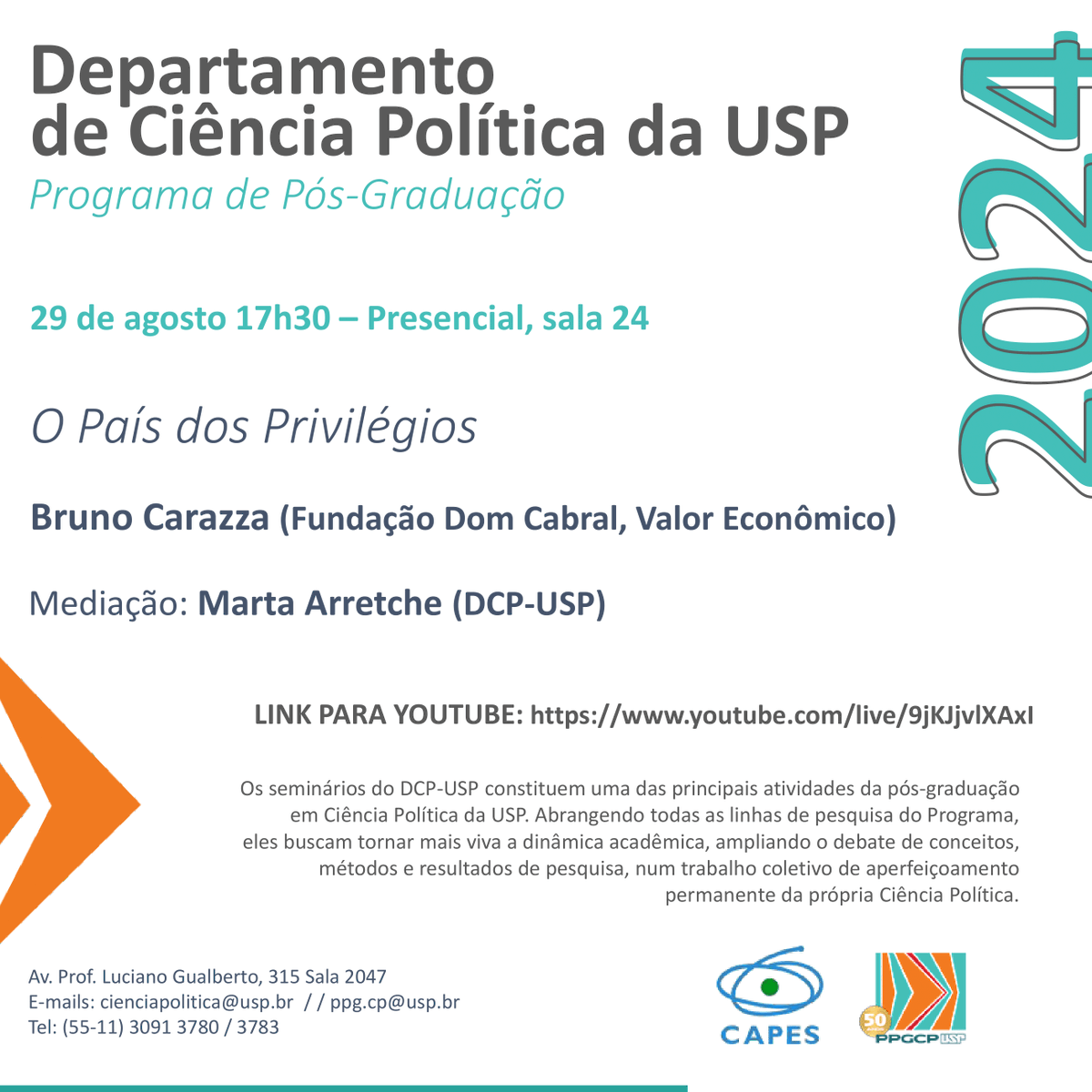 Nessa 5a f., 29-ago, às 17h30, receberemos <a href="/BrunoCarazza/">Bruno Carazza</a> para debater seu novo livro, "O País dos Privilégios" 
Com mediação de Marta Arretche (DCP-USP).
Aberto ao público, sem privilégios e sem necessidade de inscrição prévia.
E pelo Youtube: youtube.com/live/9jKJjvlXA…