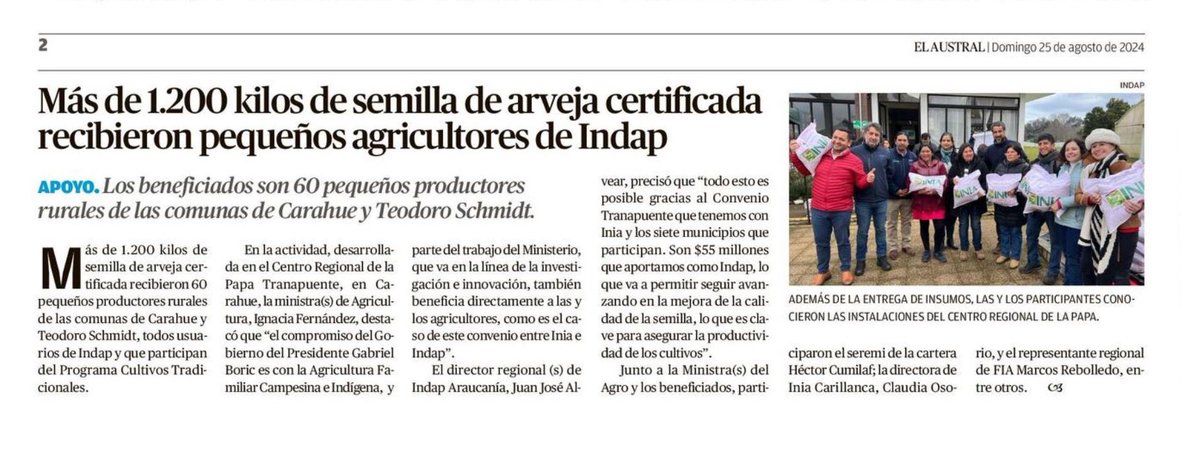 Seremi de Agricultura La Araucanía (@minagriaraucan) on Twitter photo En #Carahue se entragaron semillas de legumbres a pequeños productores en ceremonia encabezada por ministra (s) <a href="/MinagriCL/">Ministerio de Agricultura de Chile 🇨🇱</a> Ignacia Fernández, la directora INIACarillanca Claudia Osorio y seremi Agricultura Héctor Cumilaf, entre otras autoridades.
Lo publica #DiarioAustralTemuco En #Carahue se entragaron semillas de legumbres a pequeños productores en ceremonia encabezada por ministra (s) <a href="/MinagriCL/">Ministerio de Agricultura de Chile 🇨🇱</a> Ignacia Fernández, la directora INIACarillanca Claudia Osorio y seremi Agricultura Héctor Cumilaf, entre otras autoridades.
Lo publica #DiarioAustralTemuco