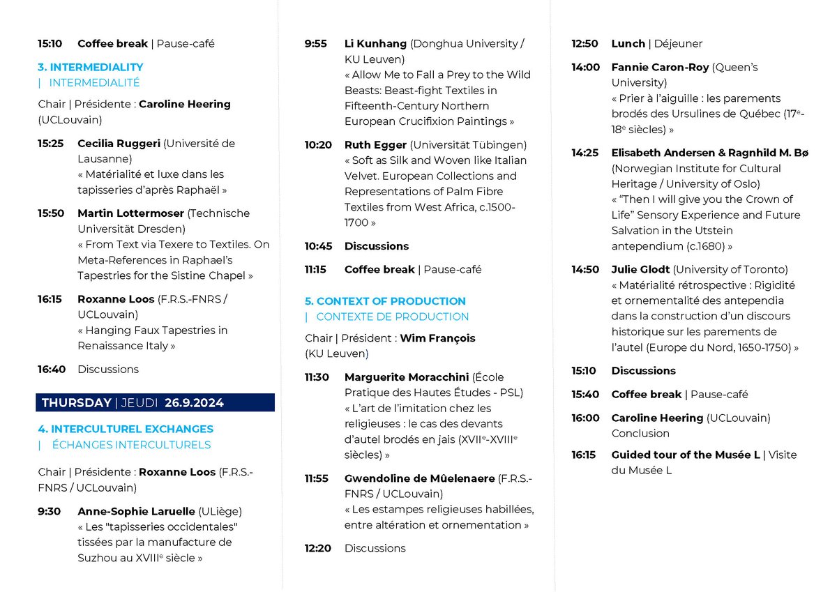 🗣️ 𝗖𝗢𝗟𝗟𝗢𝗤𝗨𝗘
🔜 Cette semaine, ne manquez pas le colloque "#Textile #Materiality in the Early Modern Period" organisé par Caroline Heering, Roxanne Loos et Hélène Malice

📅 25-26/09
📍 Auditorium, Musée L
ℹ️ uclouvain.be/fr/instituts-r…