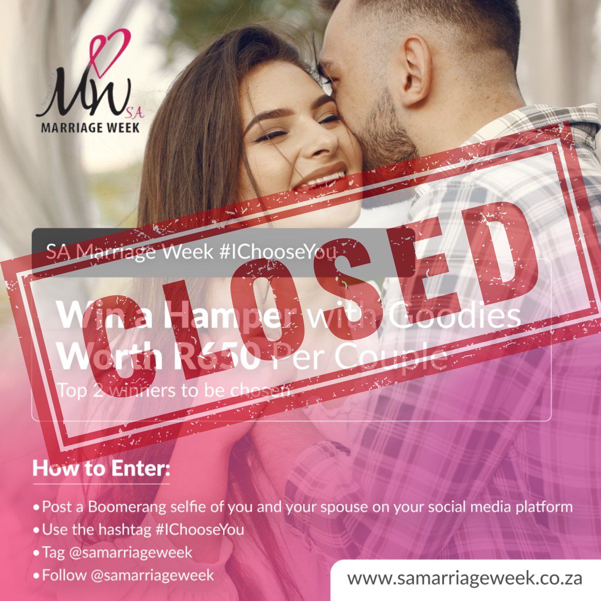 Competition closed. Winners (2 couples) to be announced soon. 🥰🎊

Remember to sign up for marriage content for 1-7 September: samarriageweek.co.za