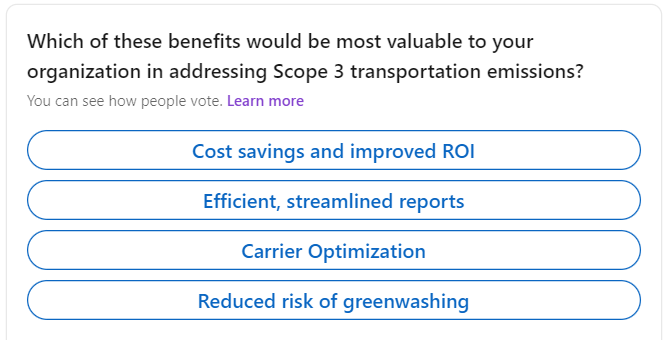 VesselBot's tweet image. Cracking the Scope 3 transport emissions code? 🔓 The key benefit might surprise you. 
Vote now &amp;amp; see how your peers prioritize!
Vote here: linkedin.com/feed/update/ur…
#Sustainability #SupplyChain #LinkedInPoll #PrimeryData