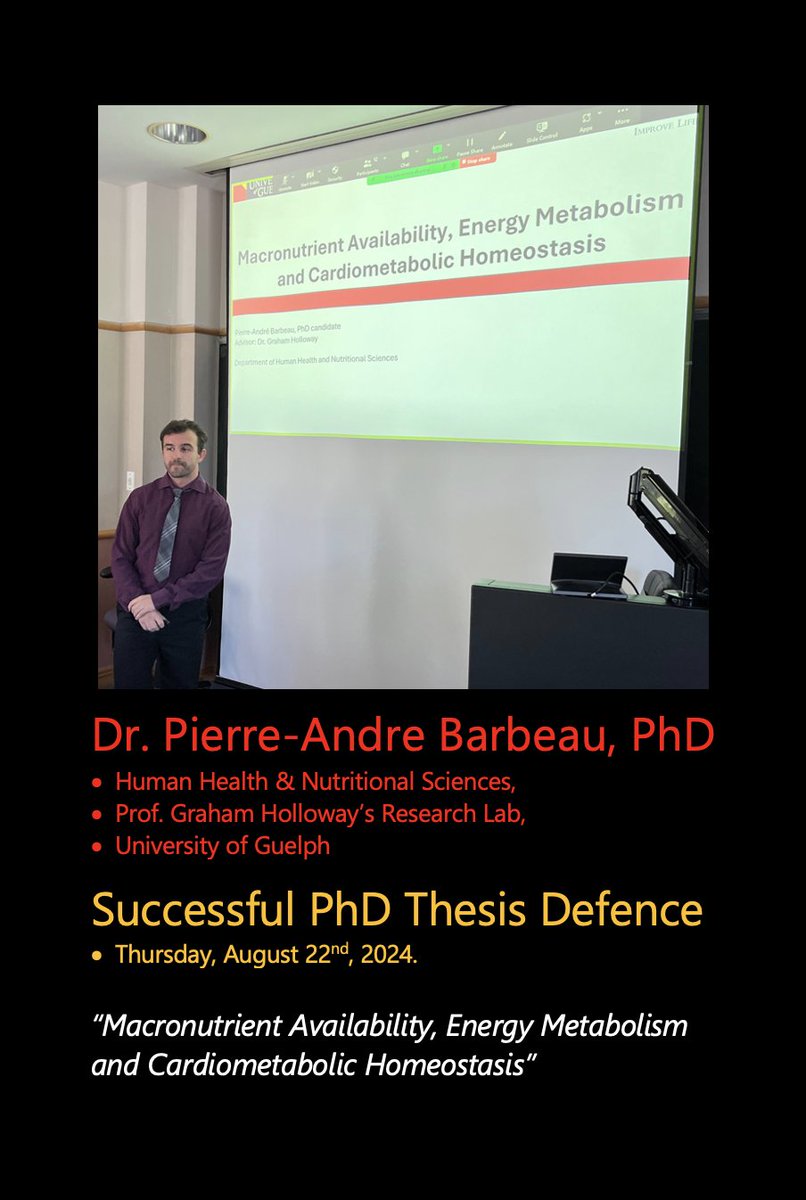 🍾CONGRATULATIONS DR. BARBEAU!👍
📢Pete Barbeau, PhD, Successfully Defended His Thesis!
🍽️"Macronutrient Availability"
🫀- Energy Metabolism &amp; Cardiometabolic Homeostasis
🥼Prof. Graham Holloway's Lab <a href="/UofGResearch/">UofGResearch</a>!

🎓#PhDGrad
🗓️Thursday, August 22
📌<a href="/UofG_HHNS/">HHNS at UofG</a>!
🏛️#UofG #UofGCBS