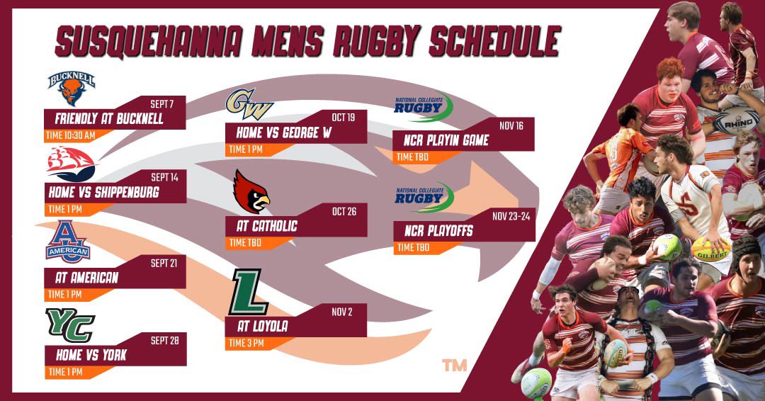 SusquRugby's tweet photo. MARK YOUR CALENDARS! 🗓️ 

SU Rugby is BACK, with the Fall 2024 Susquehanna University Men’s Rugby Schedule! Prepare yourself as the boys get ready to rumble!

#SURugby #Rugby #Susquehanna 💪🏉 https://t.co/i7IJpjgdgT