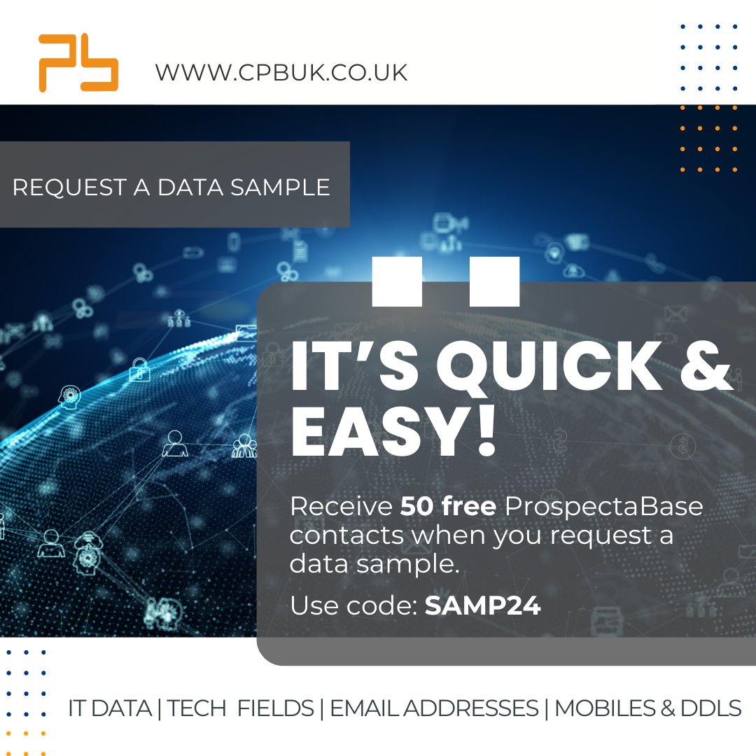 ProspectaBase's tweet image. Unlock the potential of data with a free sample from ProspectaBase! Discover how our detailed IT contact data can elevate your business. Request a free data sample today!
bit.ly/4cZs8gc 
#DataSolutions #BusinessGrowth #ProspectaBase #LeadGeneration