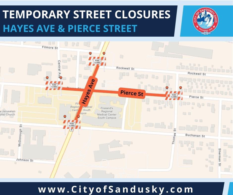 cityofsandusky's tweet image. 🚧 Due to a crash that brought down power lines, Hayes Ave &amp;amp; Pierce St are currently closed.
Hayes- between Rockwell and Buchanan
Pierce- between Central and Thomas

Access to Firelands Health South Campus will be maintained
