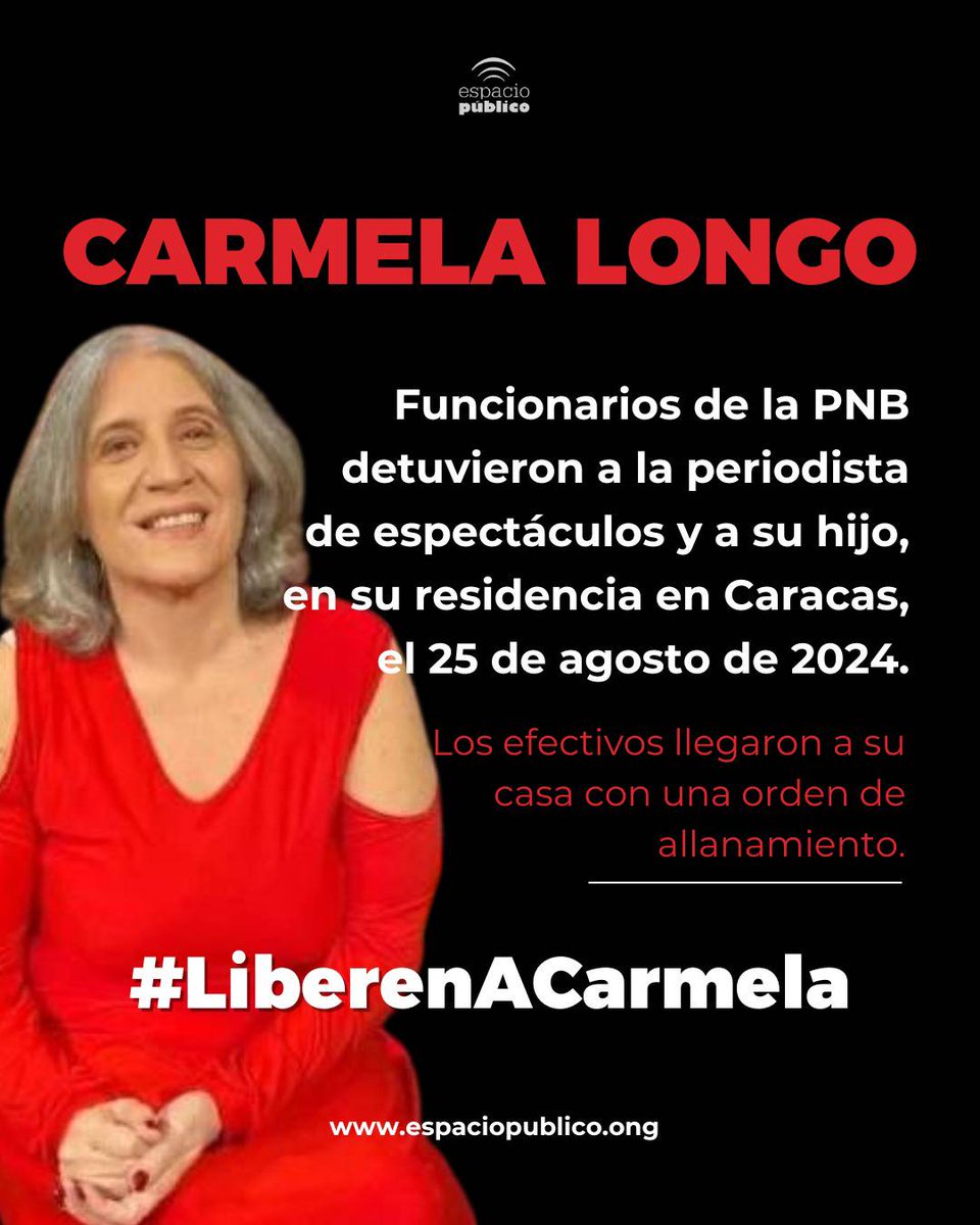 espaciopublico's tweet image. Carmela Longo, periodista de Espectáculos, está detenida de manera arbitraria desde este domingo #25ago cuando funcionarios policiales allanaron su vivienda en Caracas.

¡Desde Espacio Público exigimos que #LiberenACarmela!